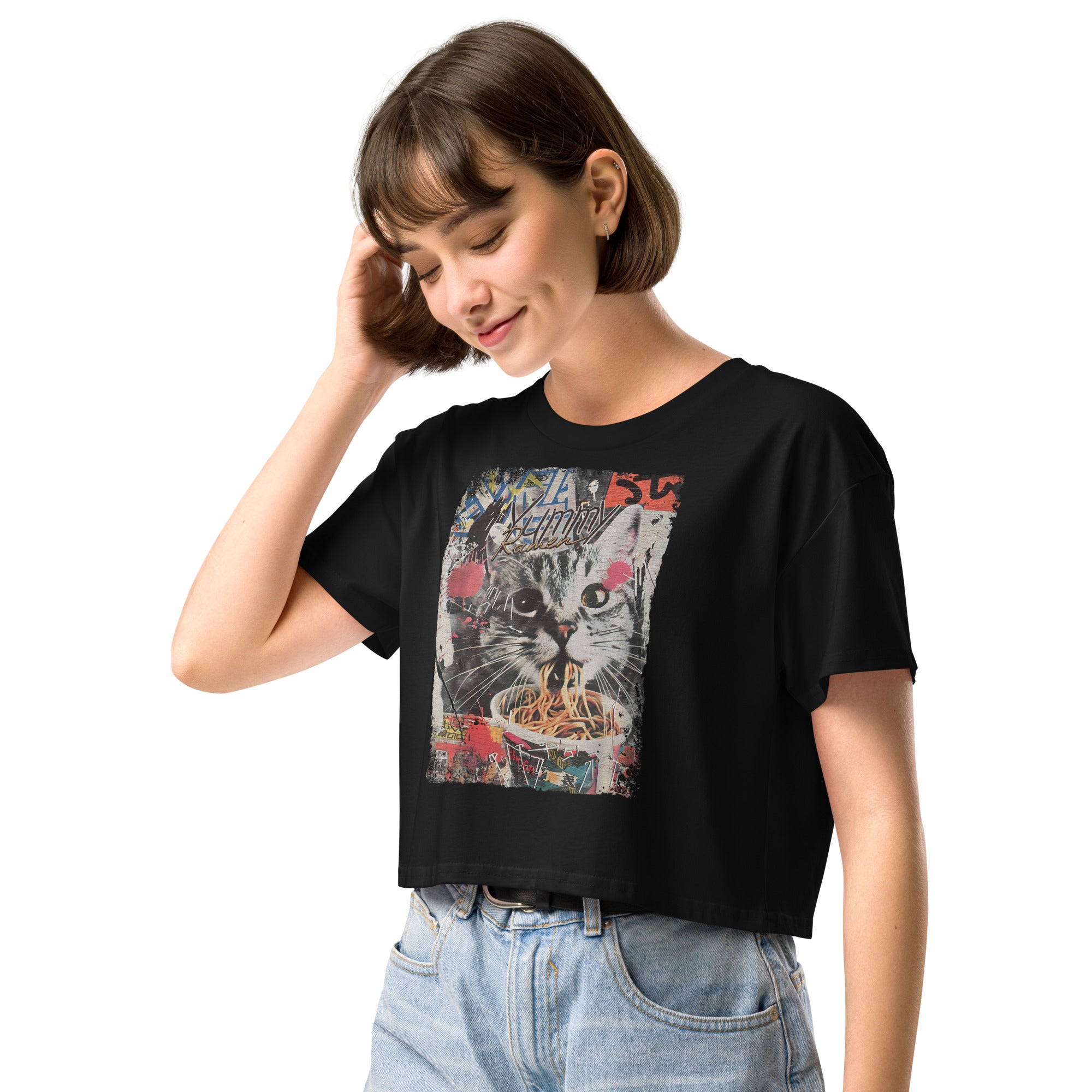 Black relaxed fit crop top featuring vintage Y2K cat eating ramen noodles graphic on front