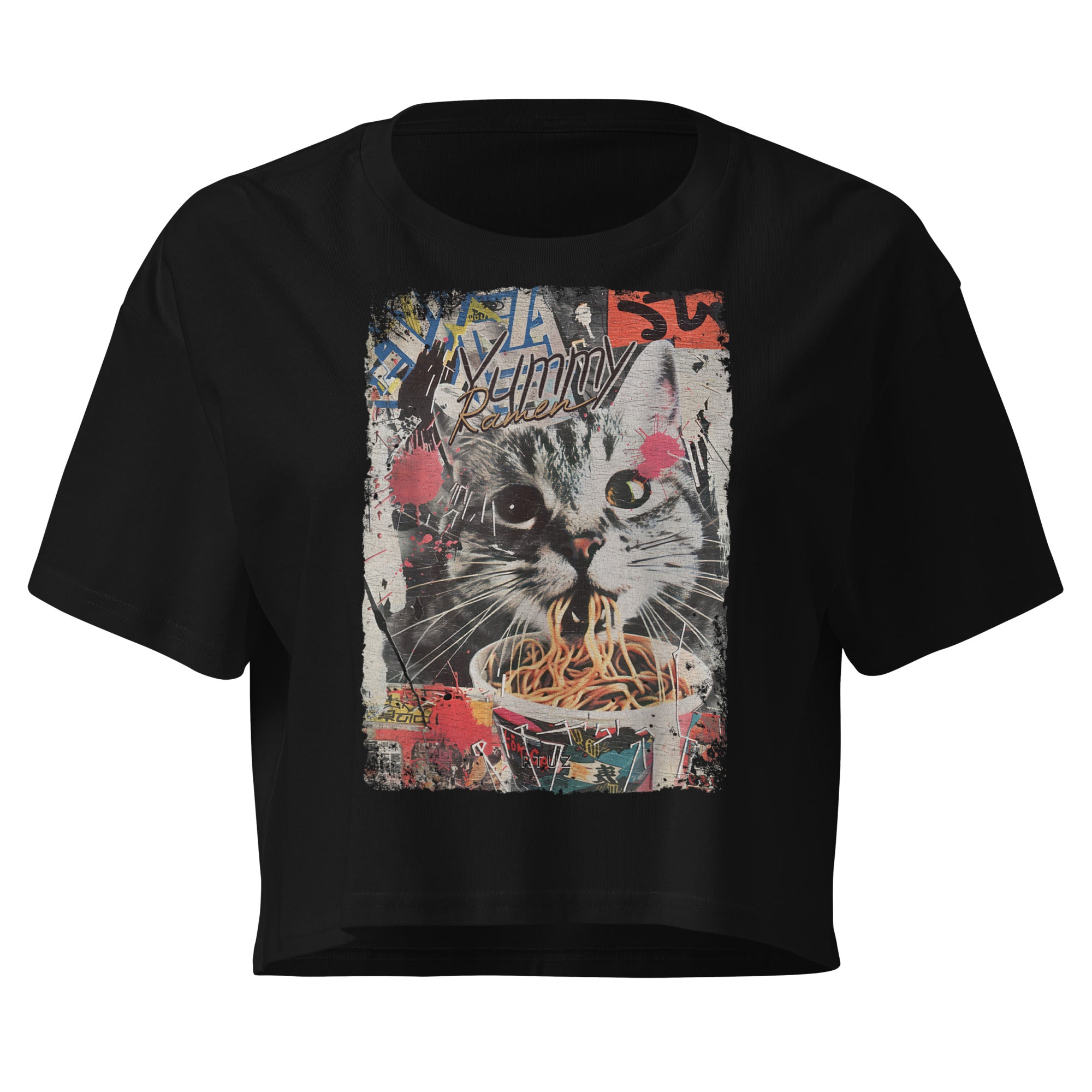 Black relaxed fit crop top featuring vintage Y2K cat eating ramen noodles graphic