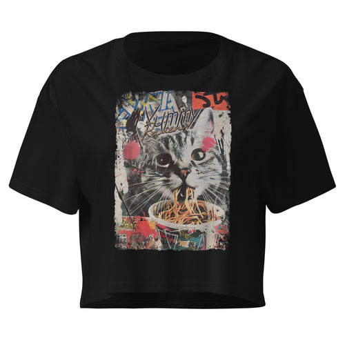 Black relaxed fit crop top featuring vintage Y2K cat eating ramen noodles graphic