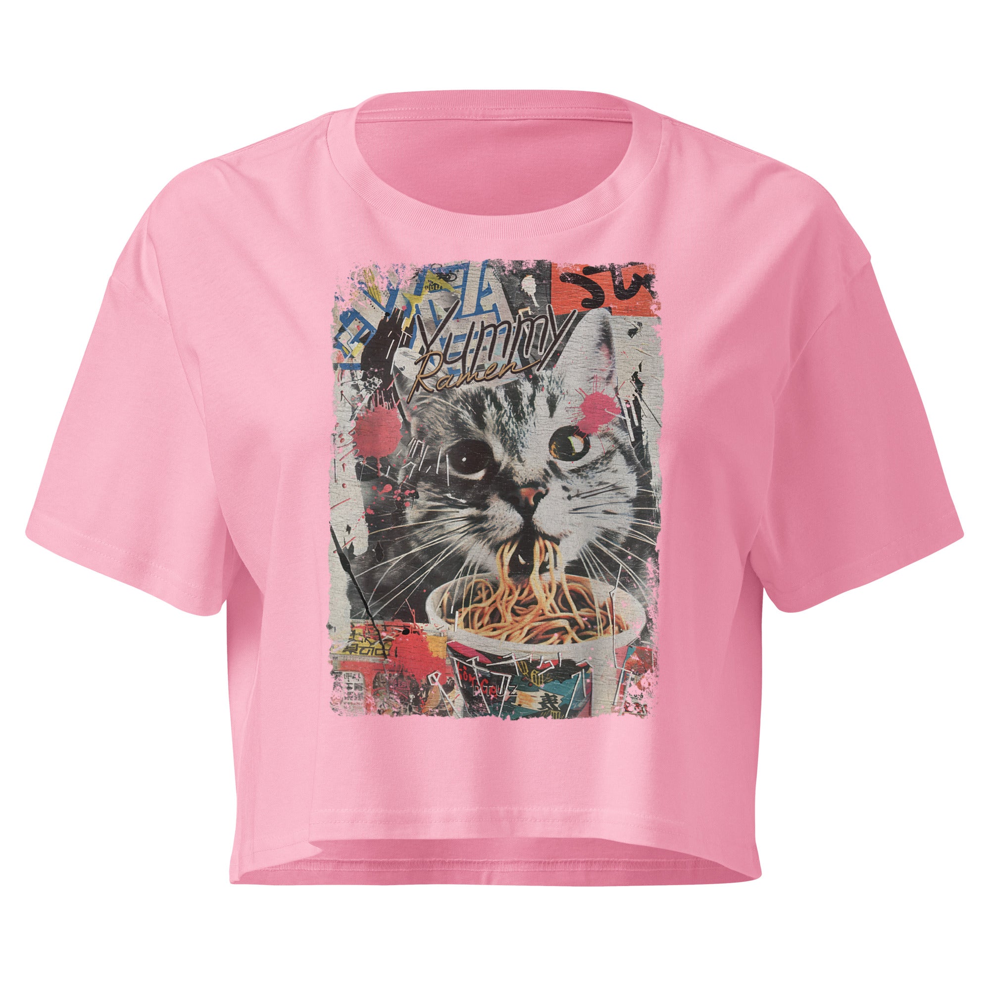 Bubblegum pink relaxed fit crop top with vintage Y2K cat eating ramen noodles graphic design