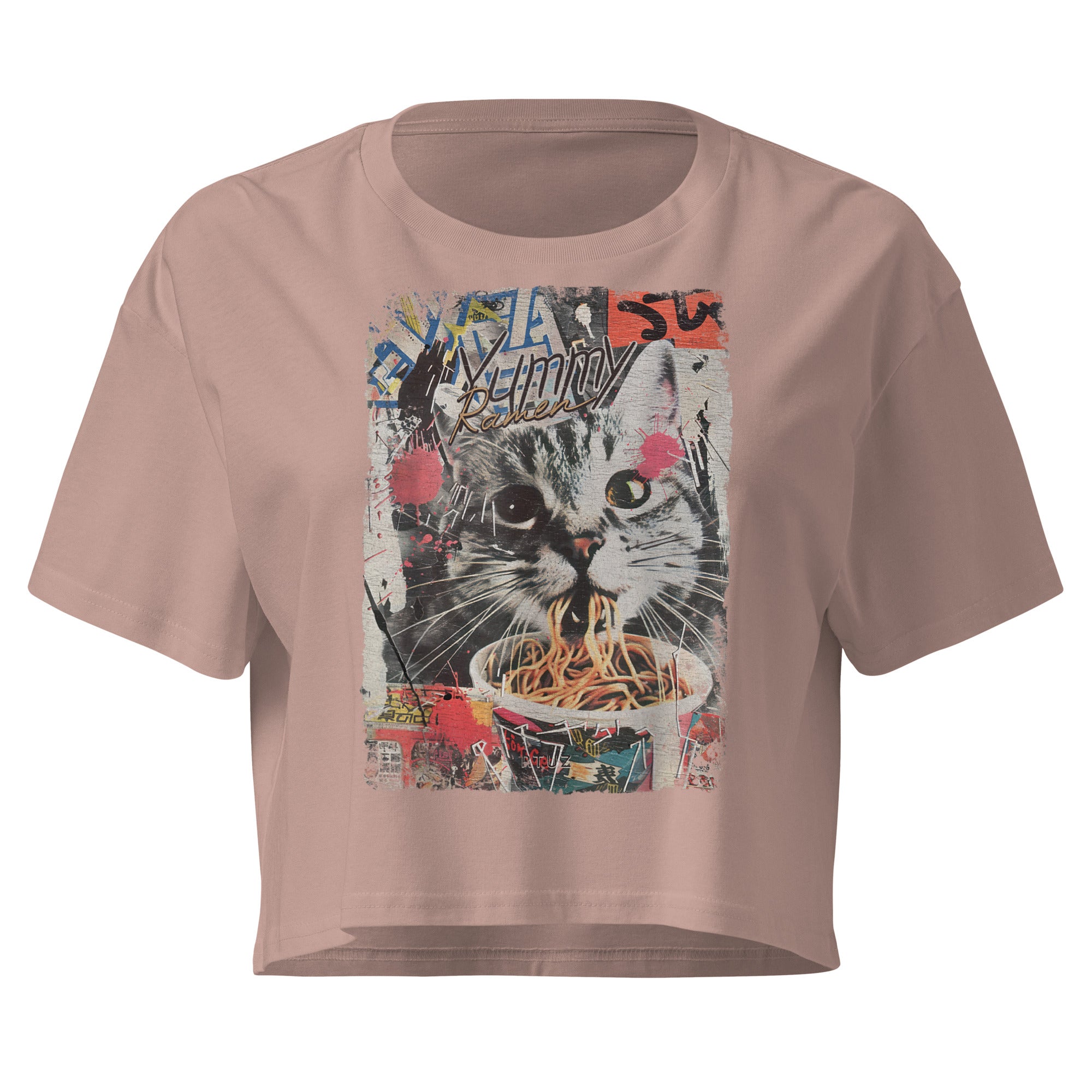 Hazy pink relaxed fit crop top featuring vintage Y2K aesthetic cat eating ramen noodles graphic