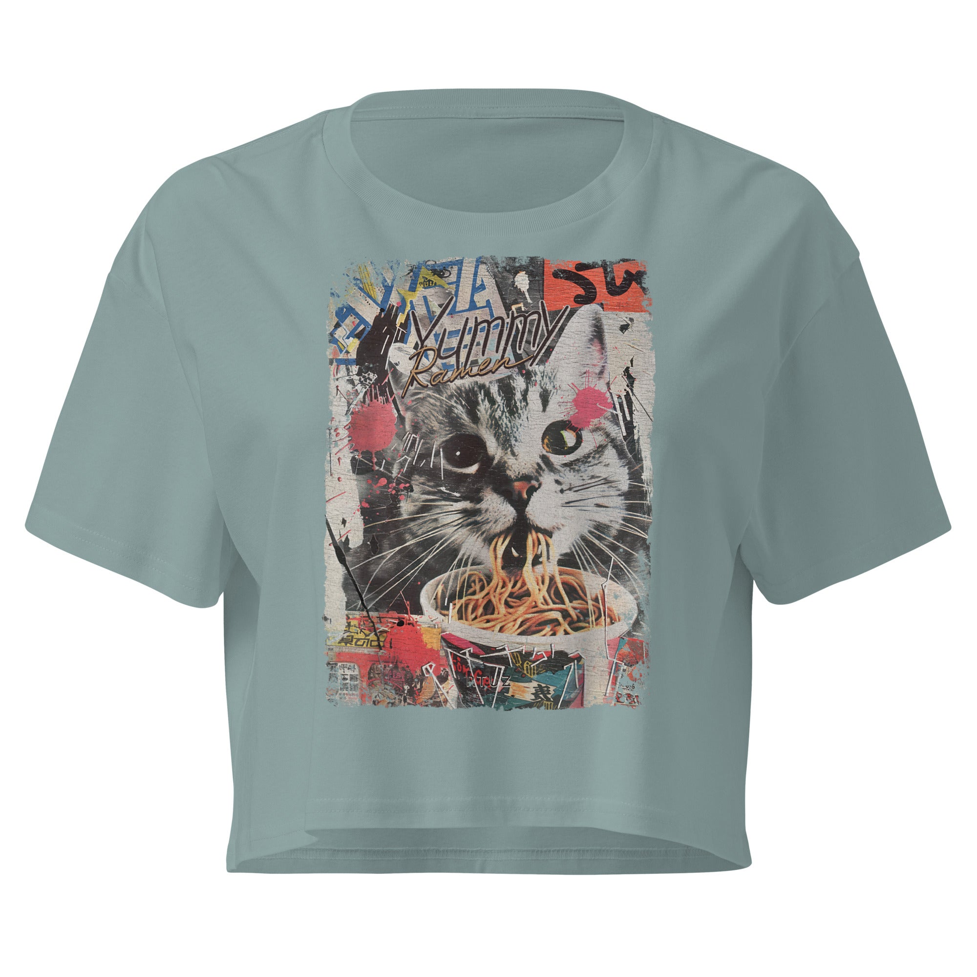 Mineral relaxed fit crop top with vintage Y2K 90s cat eating ramen noodles design