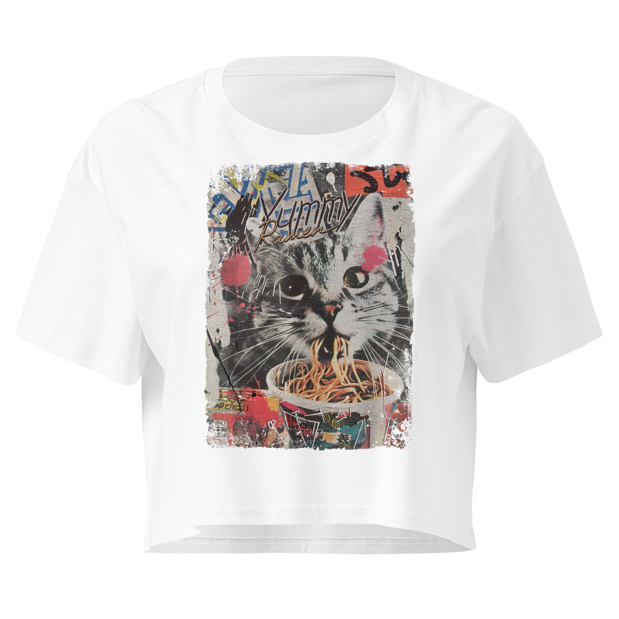 White relaxed fit crop top with vintage Y2K cat eating ramen noodles graphic