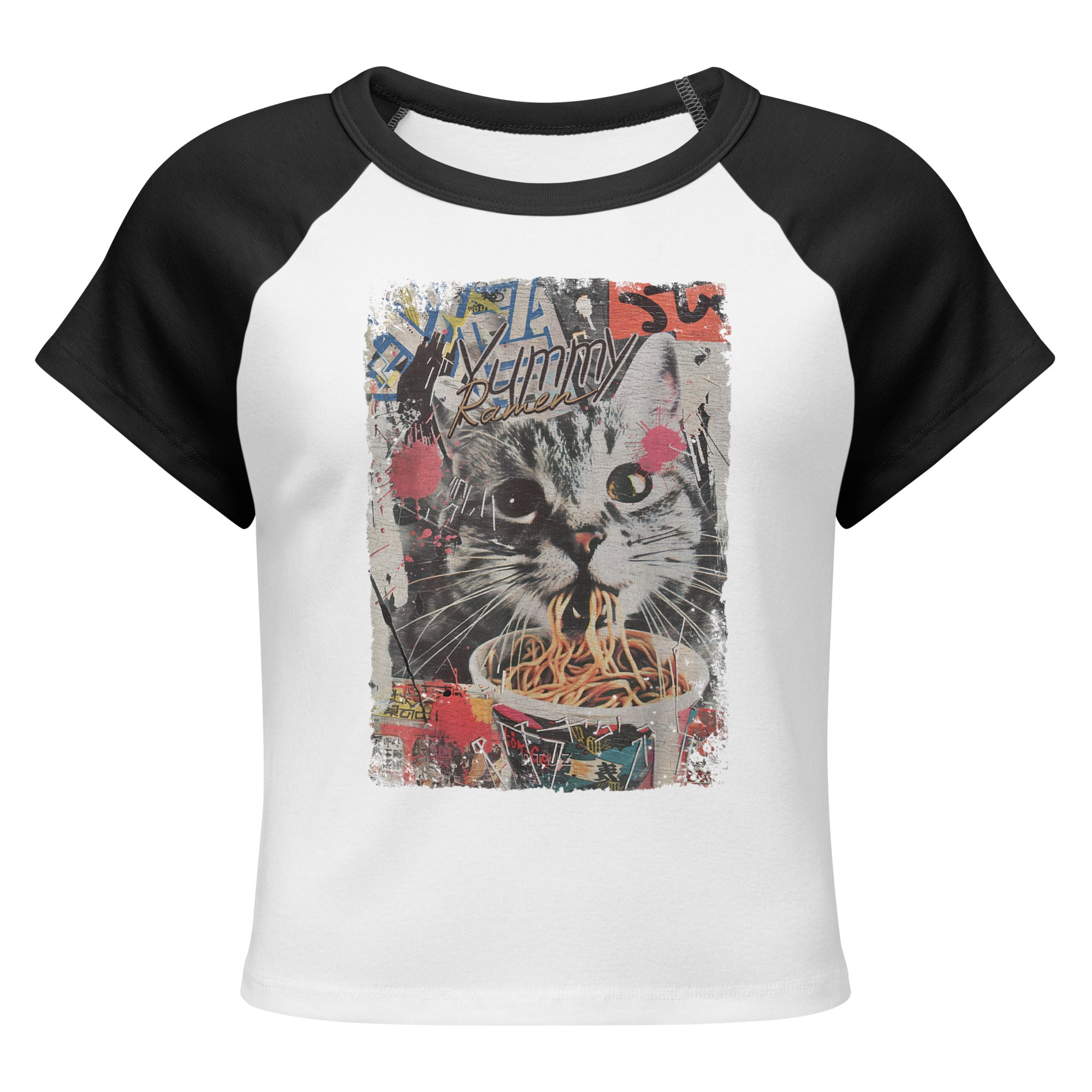 A white and black raglan baby tee with a vintage graphic of a cat eating ramen noodles.
