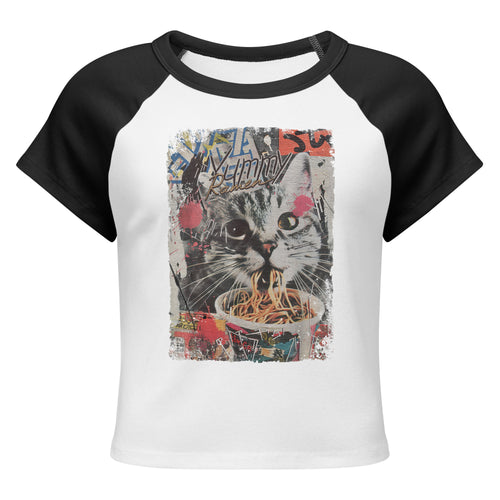 A white and black raglan baby tee with a vintage graphic of a cat eating ramen noodles.