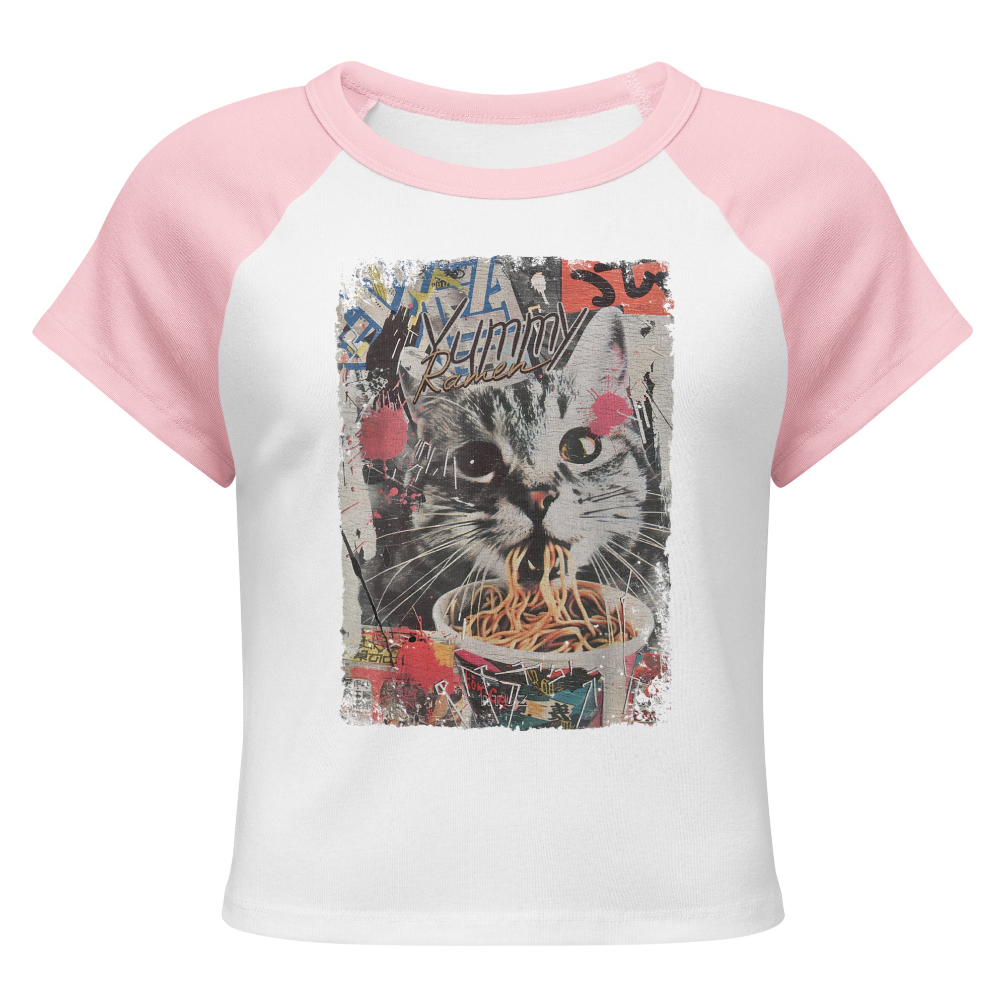 Cat eating ramen baby tee raglan in white and pink