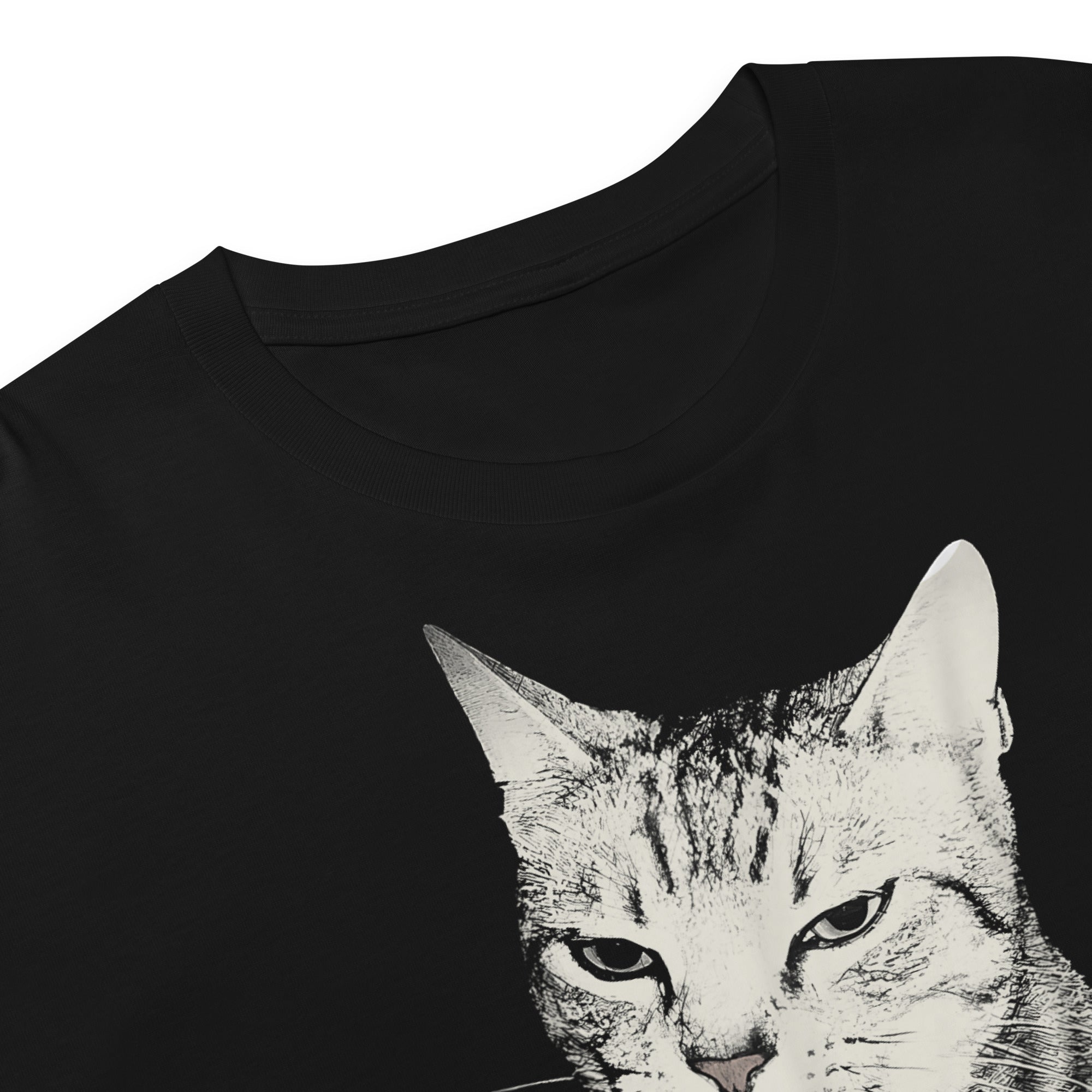 Black t-shirt detail with a graphic of a cat smoking cigarette