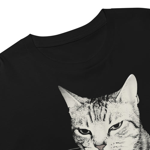Black t-shirt detail with a graphic of a cat smoking cigarette