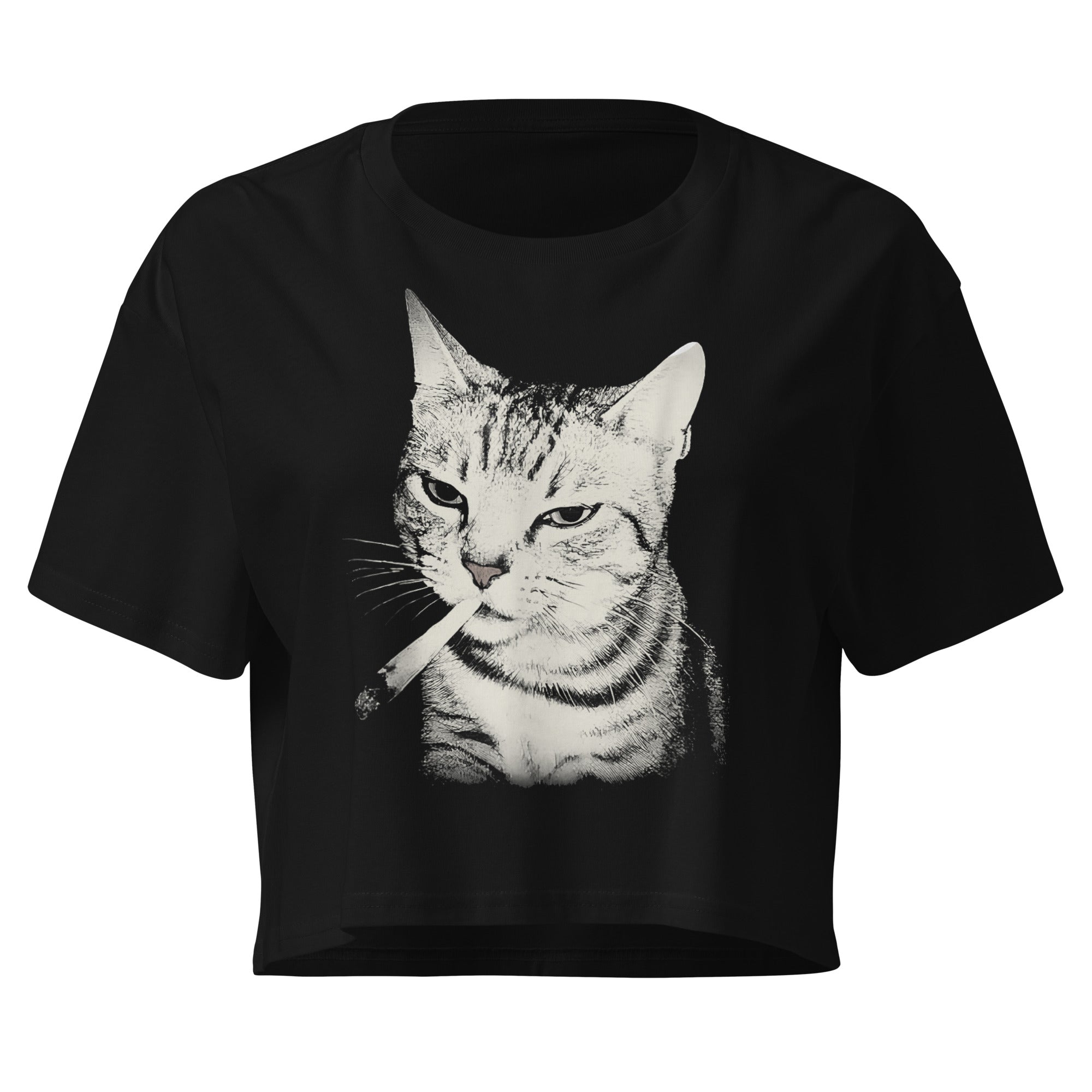 Black crop top shirt with a vintage graphic of a cat smoking a cigarette