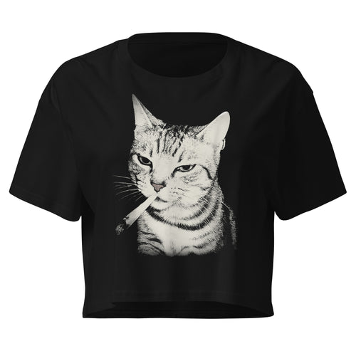 Black crop top shirt with a vintage graphic of a cat smoking a cigarette