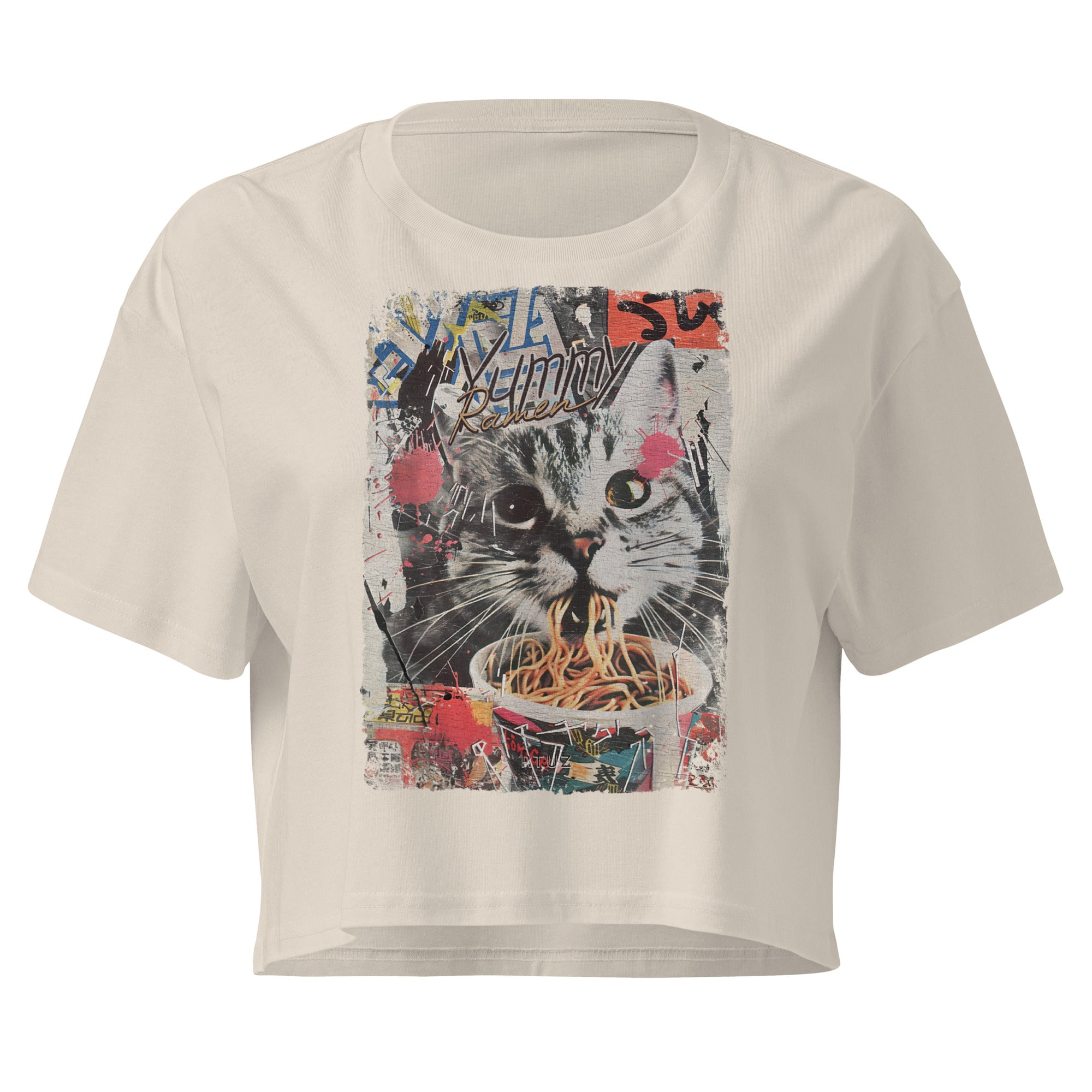 Bone relaxed fit crop top featuring vintage Y2K 90s aesthetic cat eating ramen noodles design